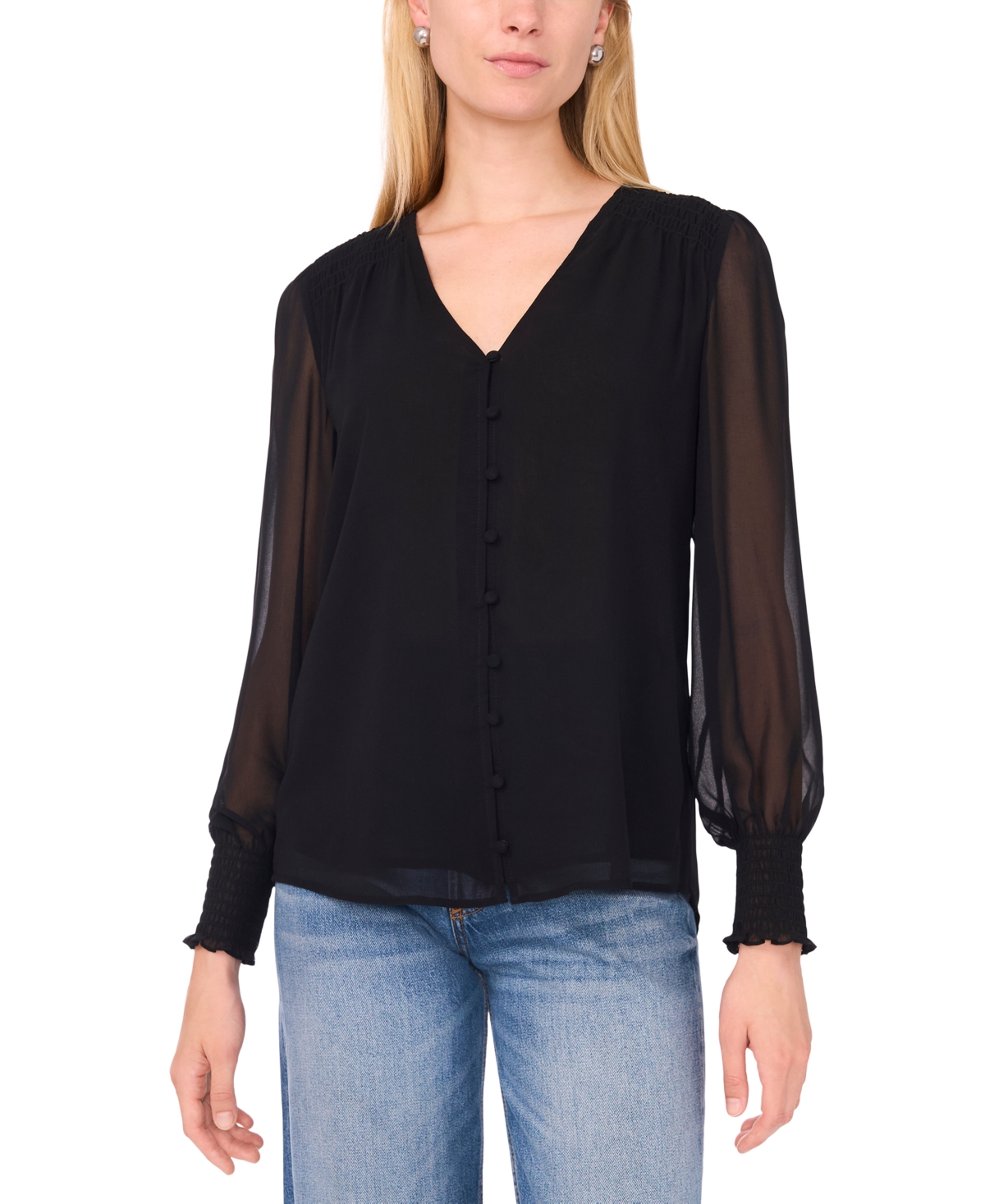 Sam & Jess Women's V-Neck Button-Front Smocked-Shoulder Top