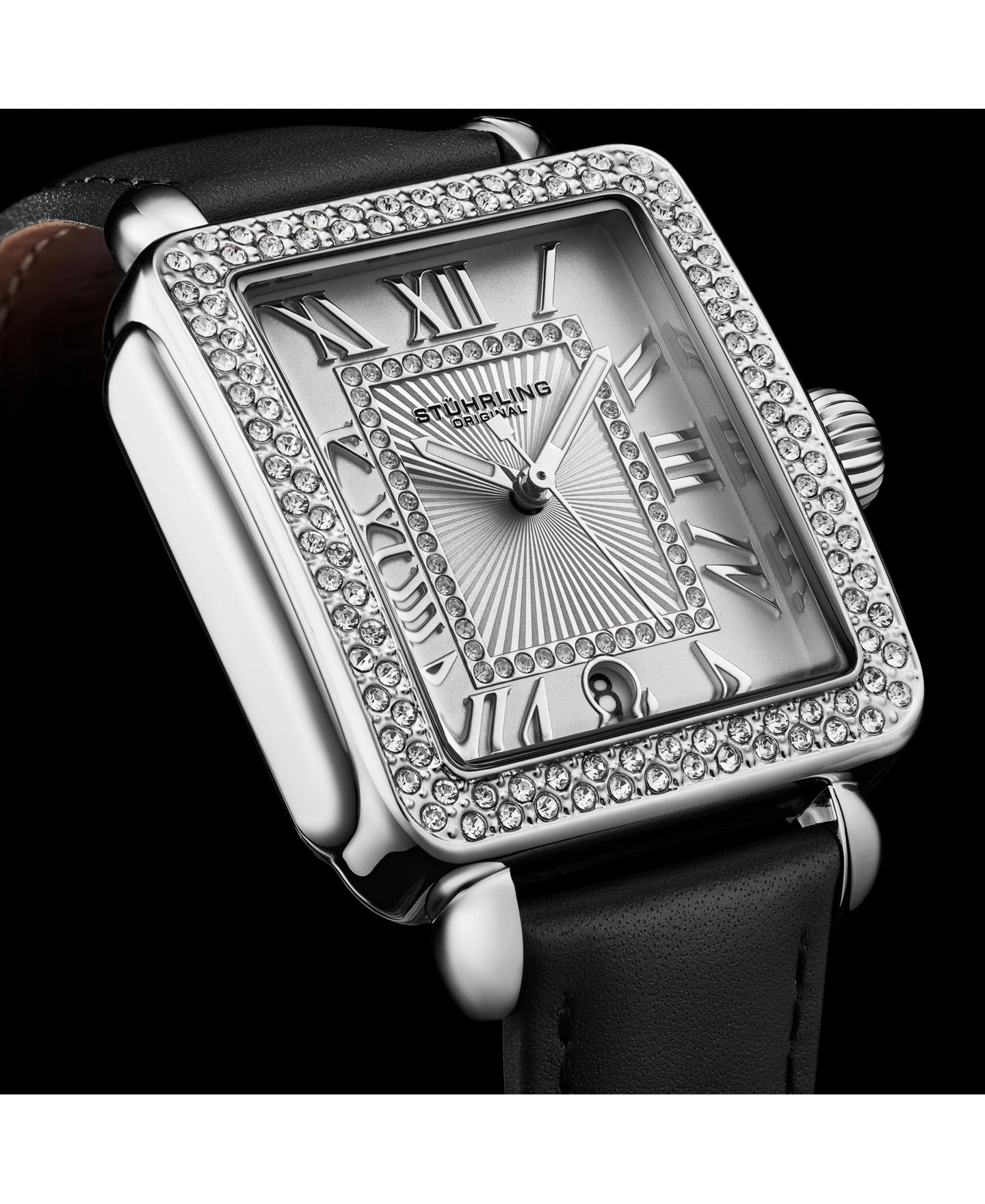 Женские часы Stuhrling Elegant Women s Rectangular 35x47mm Dress Watch - Model 4060L.1, Silver Case, Black Leather Strap, Crystal Bezel — фото 4