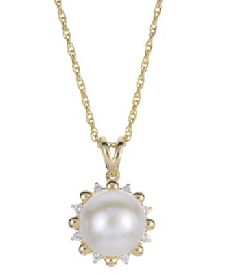 Macy's - Cultured Freshwater Pearl (9.5-10mm) and Lab Created White Sapphire Pendant Necklace (0.08 ct. t.w.) in Sterling Silver with 14K Gold Plating