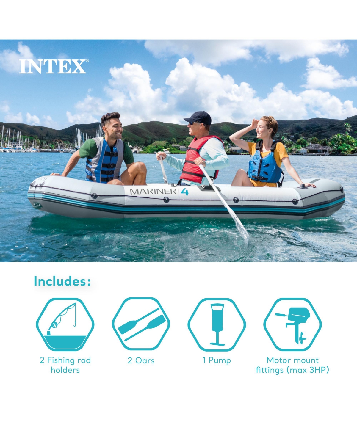 Intex Mariner 4-Person Inflatable River Lake Dinghy Boat with Pump and Oars Set