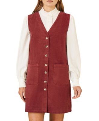 Women's V-Neck Cord Pinafore Dress