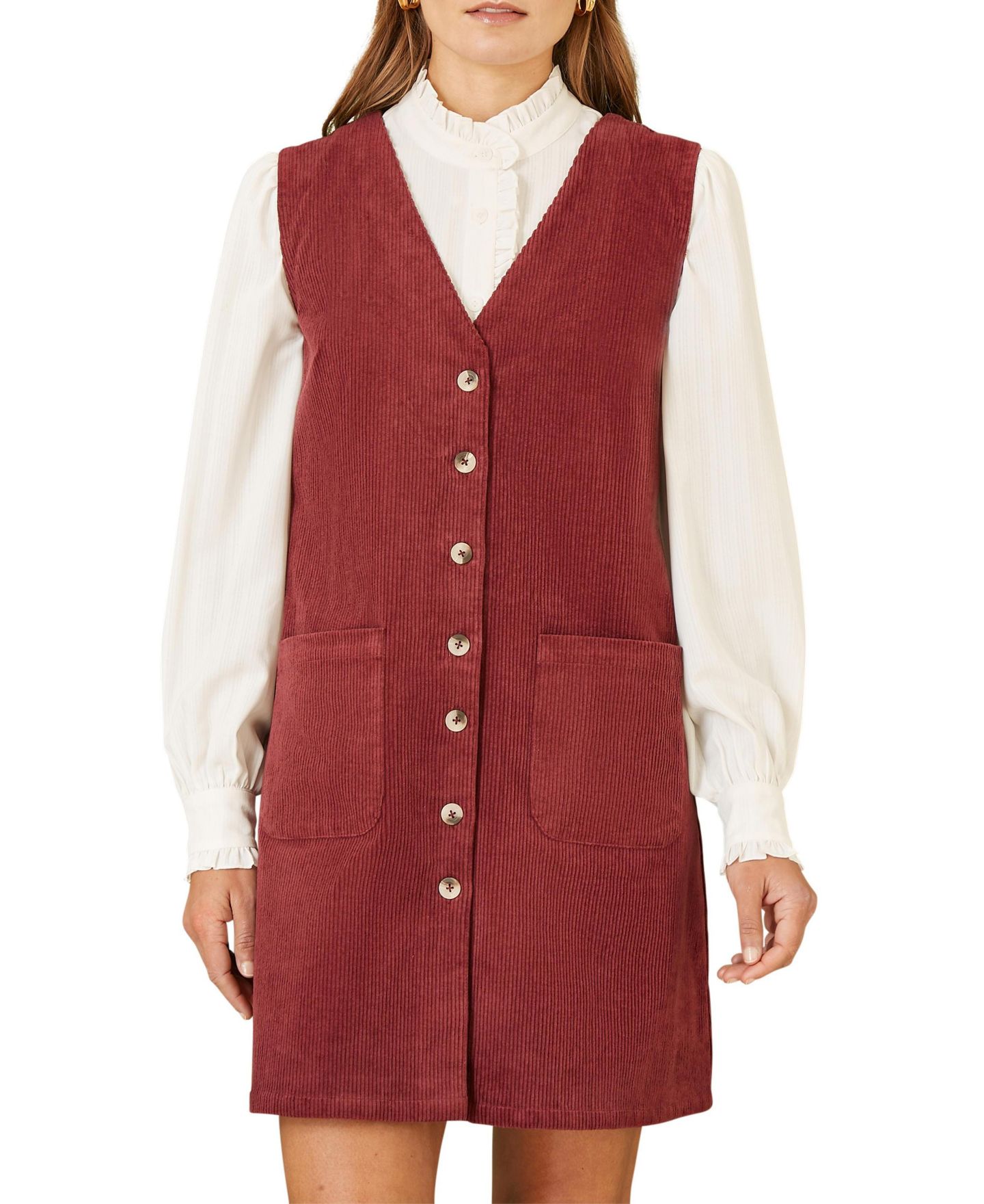 Женское платье Yumi V-Neck Cord Pinafore, цвет: Бордовый — фото 6