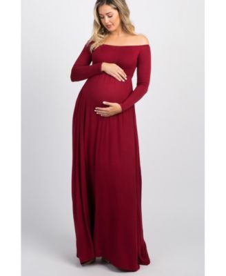 Maternity Pink Solid Off Shoulder Maxi Dress