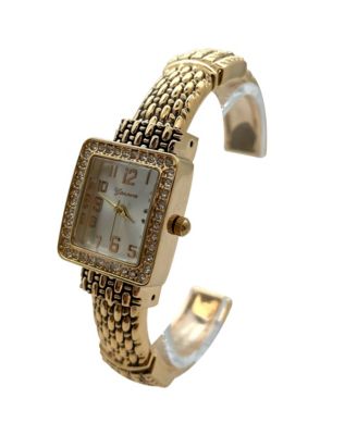 Elegant Detailed Band Square Face Bangle Women Watch, Gold