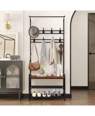 Hall Tree Shoe Bench, 4-in-1 Industrial Entryway Storage Bench with 8 Sturdy Hooks, Freestanding Coat Rack for Small Spaces, Apartments