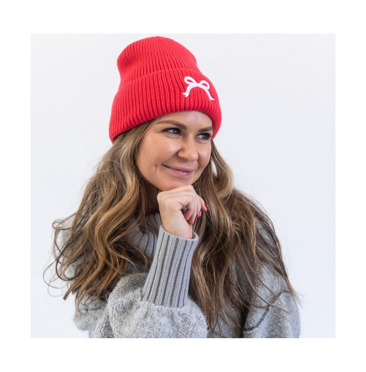 Women's Embroidered Bow Beanie - Hot Pink