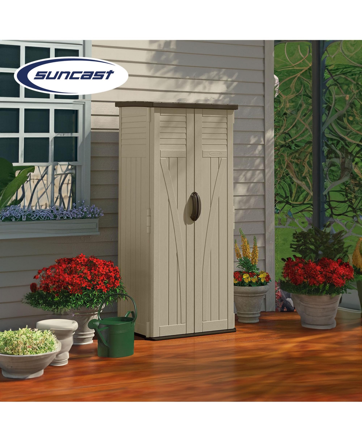 Suncast 22 Cubic Feet All-Weather Vertical Tall Outdoor Storage Shed, Brown