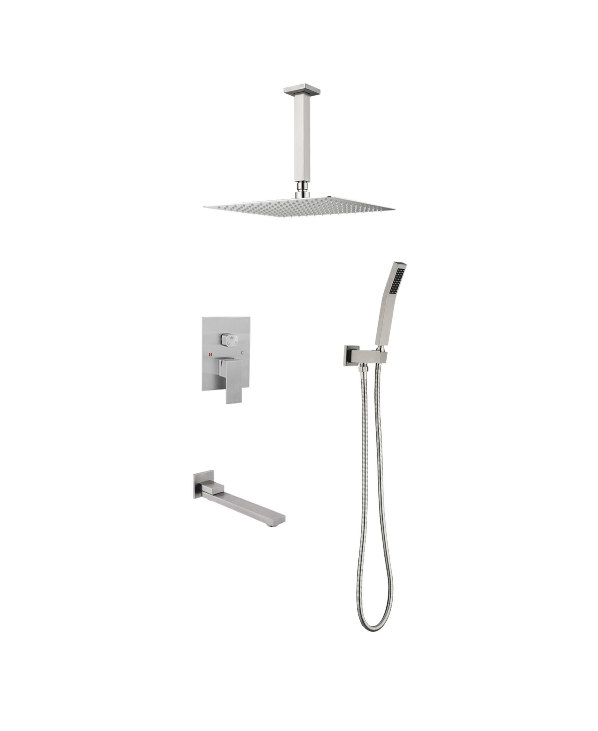 Rainsken Ceiling Mount Shower Faucet Set, Rain Mixer Shower Combo Set with Hand Shower, 16 inch Shower Head and Tub Spout, Brushed Nickel