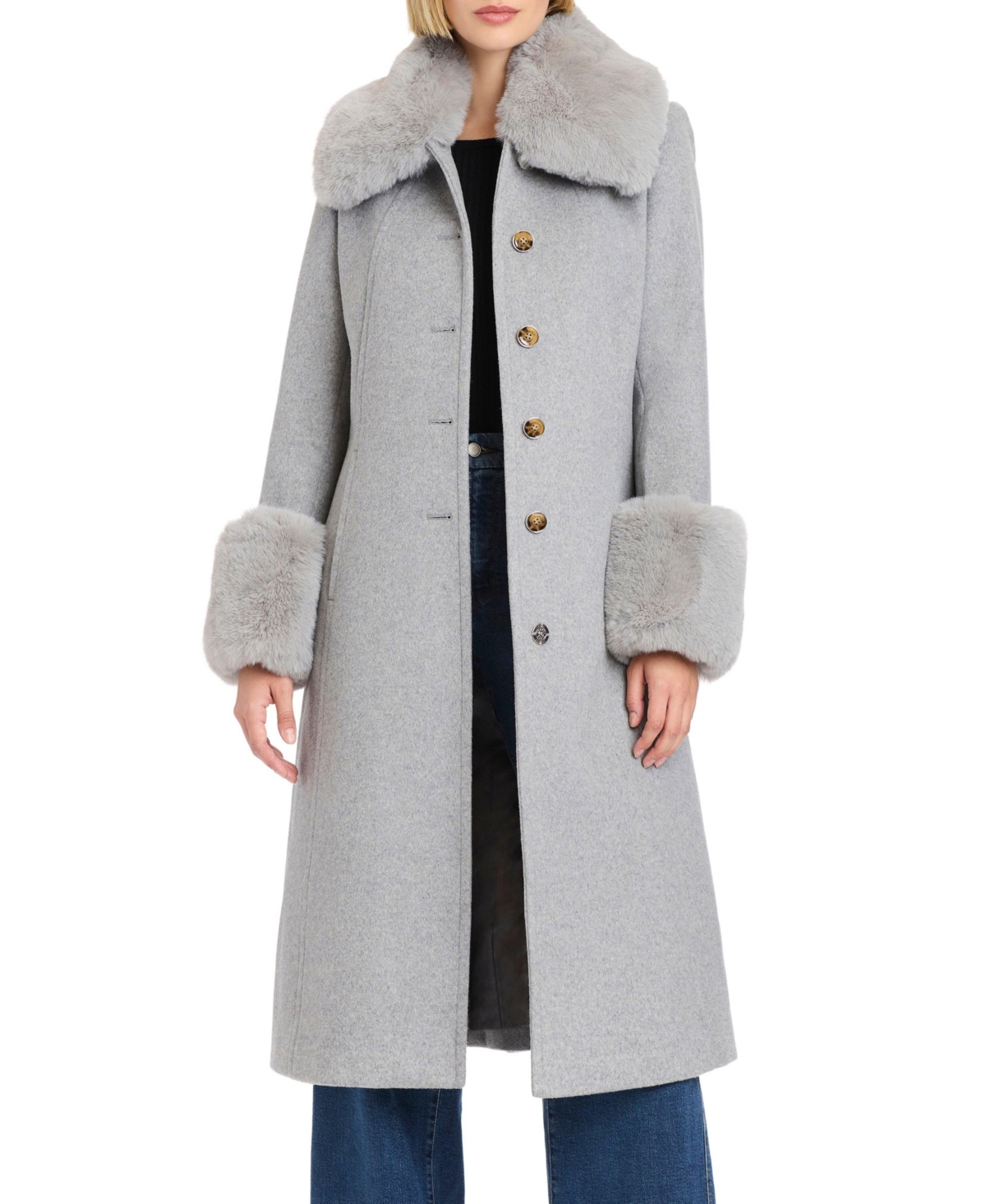 Vince Camuto Wool Blend Coat With Removable Faux Fur Collar And Cuffs In Gray