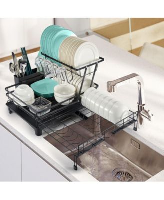 2-Tier Collapsible Expandable Dish Rack with Swivel Drain Spout and Rust-Resistant Stainless Steel Frame