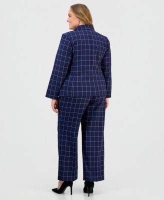 Plus Size Windowpane Check Notch Collar Pantsuit