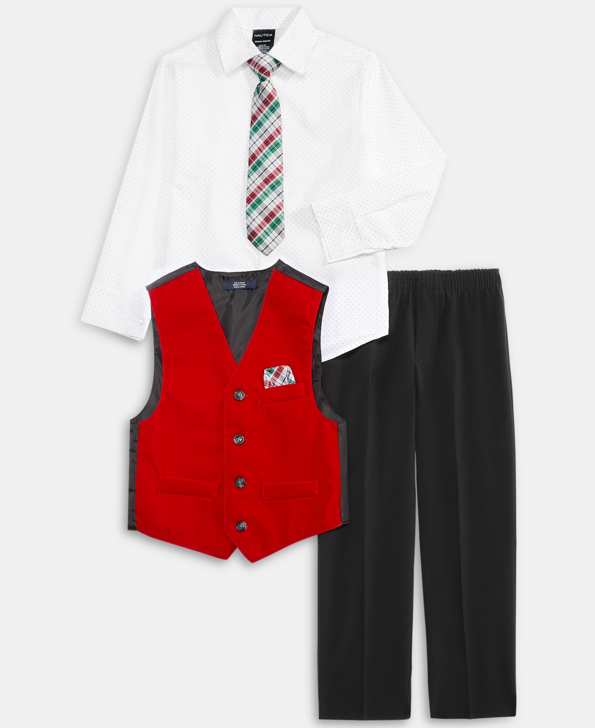 Nautica Toddler & Little Boys Red Velvet Vest, Shirt, Tie & Pants Set In Multi