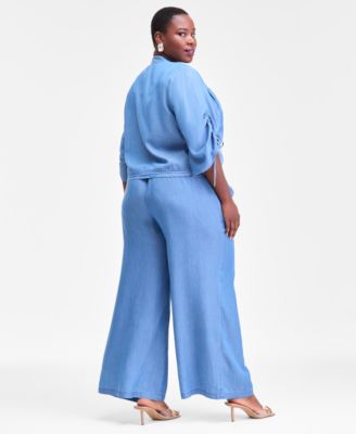 Plus Size Chambray Top, Wide-Leg Pants & Earrings, Macy's Exclusive 