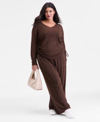 Inc International Concepts Plus Size Side Tie Top Wide Leg Pants Macys Exclusive In Brown