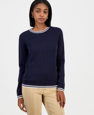 Women's Cotton Cable Knit Crewneck Sweater