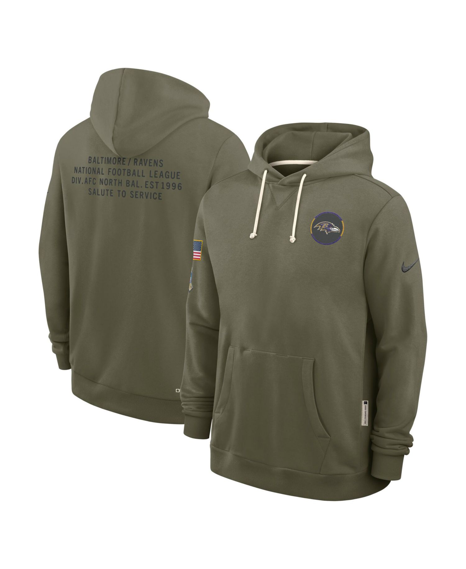 Men's Olive Baltimore Ravens 2025 Salute to Service Dominant Force Pullover Hoodie
