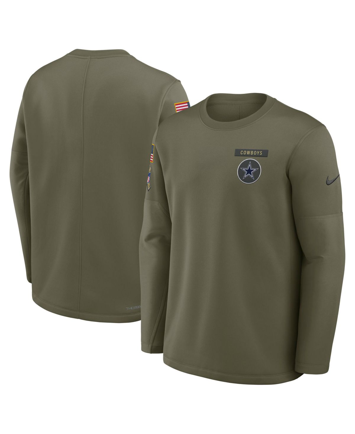 Мужская футболка с длинным рукавом Therma-Fit оливкового цвета Dallas Cowboys 2025 Salute to Service Coachs