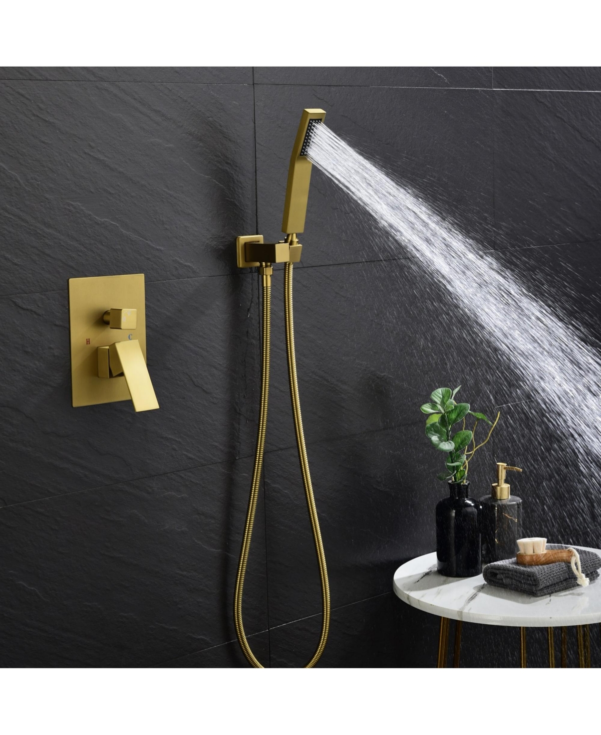 Rainsken Ceiling Mount Shower Faucet Set, Rain Mixer Shower Combo Set with Hand Shower, 16 inch Shower Head and Tub Spout, Brushed Gold