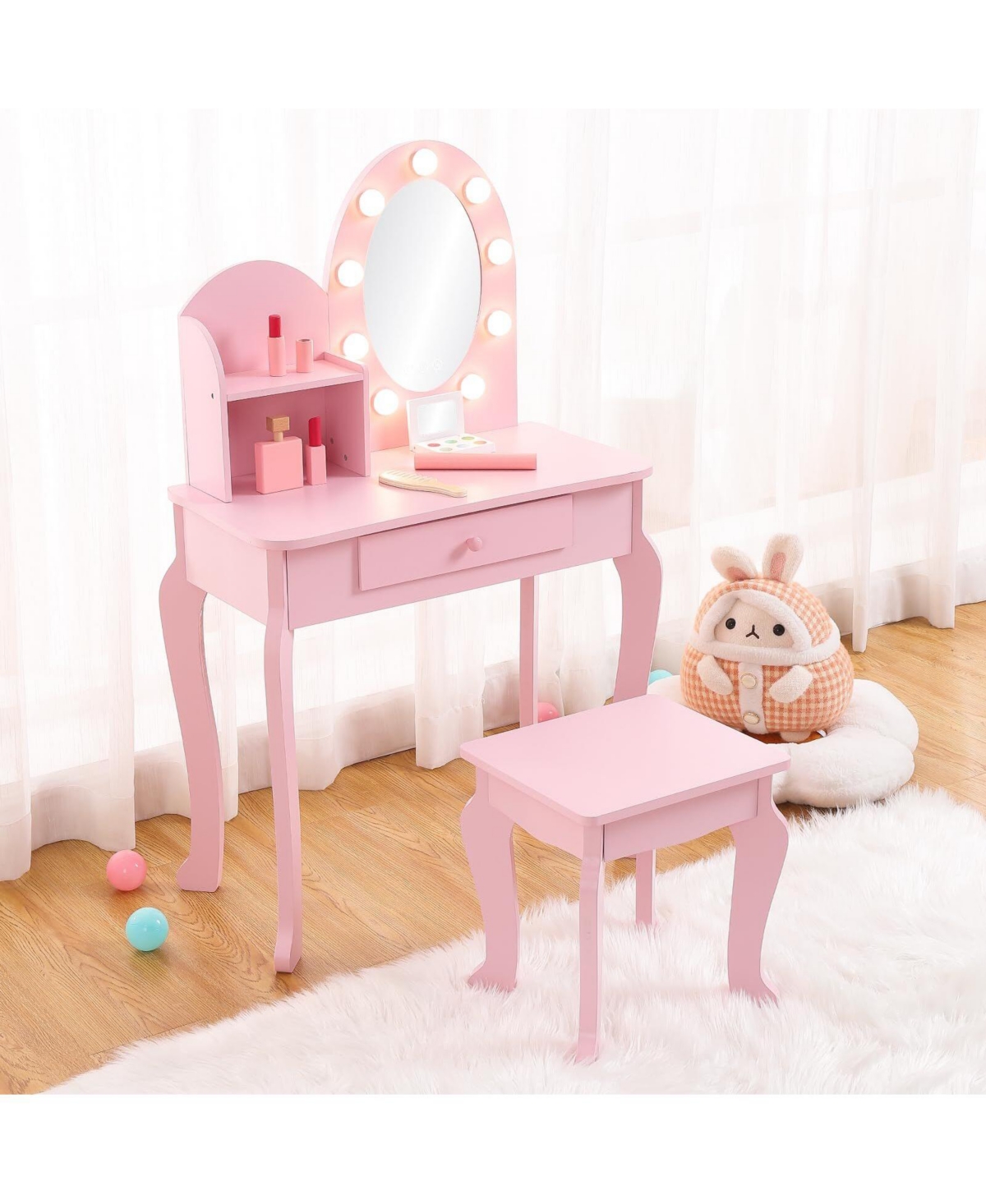 Vanity Desk with Mirror and Lights, Small Vanity Table and Chair Set, Wooden Makeup Desk Dressing Table with Drawers & 3 Light Modes