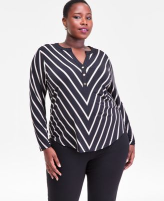 I.N.C. International Concepts - Plus Size Mitered Stripe Half-Placket Shirt
