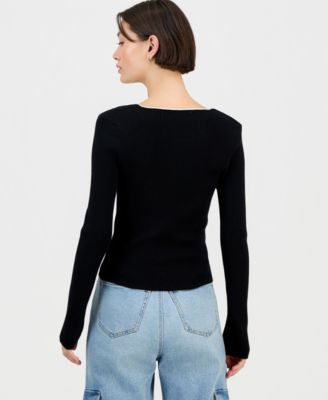 Juniors' Crewneck Bow-Trim Long-Sleeve Sweater 