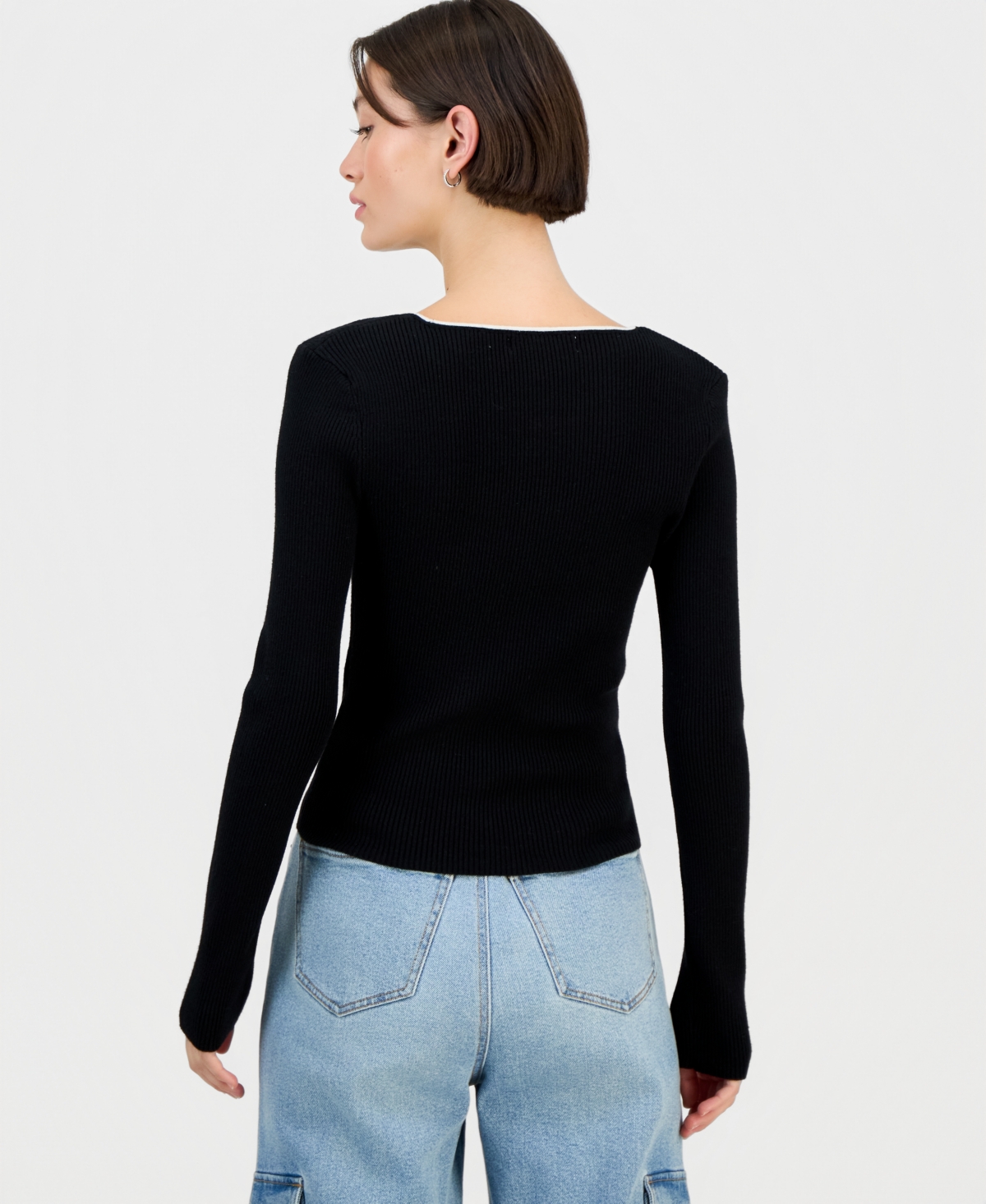 Madden Girl Juniors' Crewneck Bow-Trim Long-Sleeve Sweater