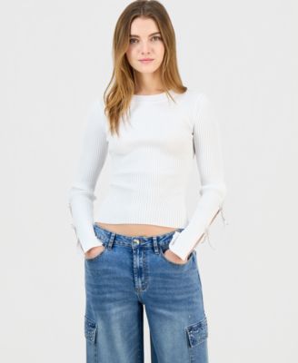 Madden Girl - Juniors' Scoop-Neck Rhinestone-Bow-Trim Sweater