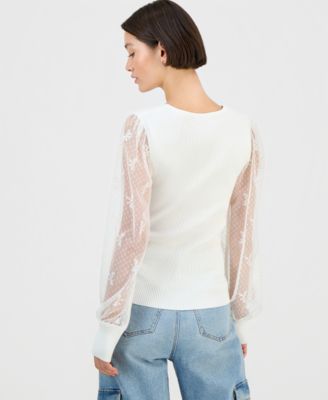 Juniors' Square-Neck Bow-Mesh Sleeve Top