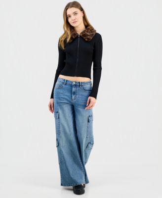 Juniors' Faux-Fur-Collar Zip-Up Sweater 