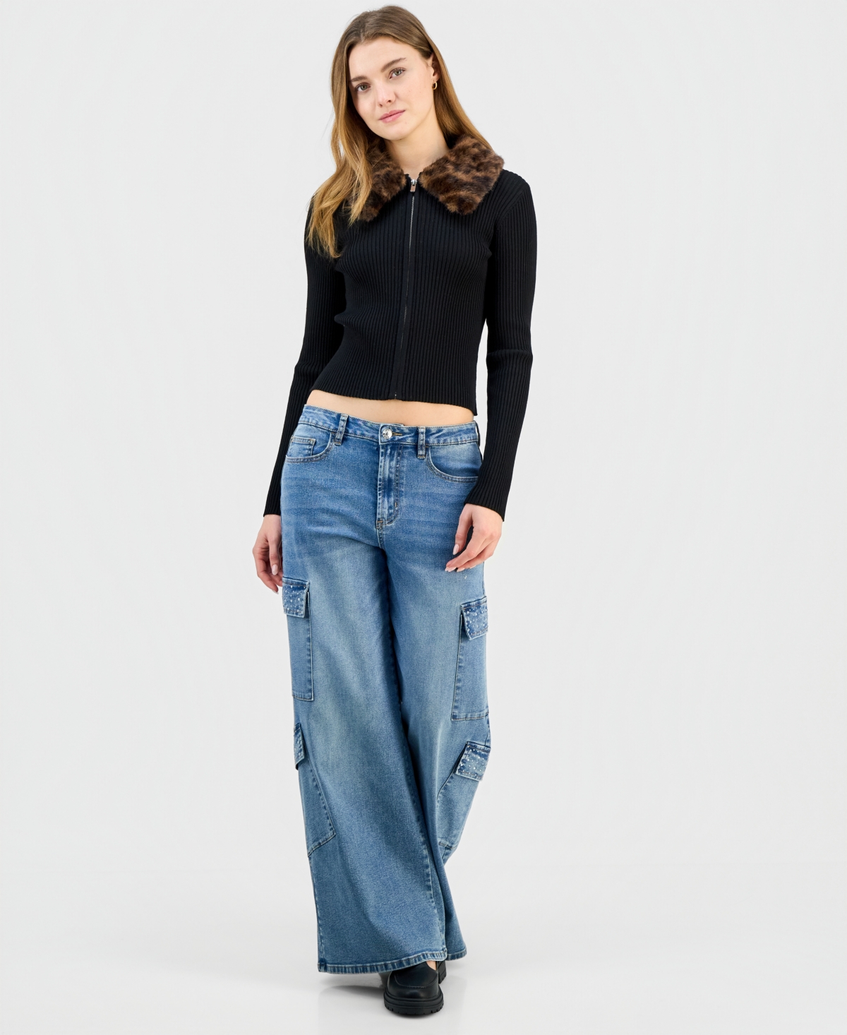 Madden Girl Juniors' Faux-fur-collar Zip-up Sweater In Black