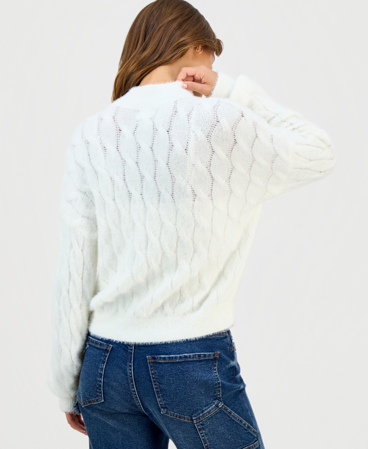 Hippie Rose Juniors' Mock-neck Eyelash-cable Knit Sweater In White