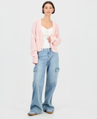 Juniors' Novelty Floral Three-Button Cardigan Sweater