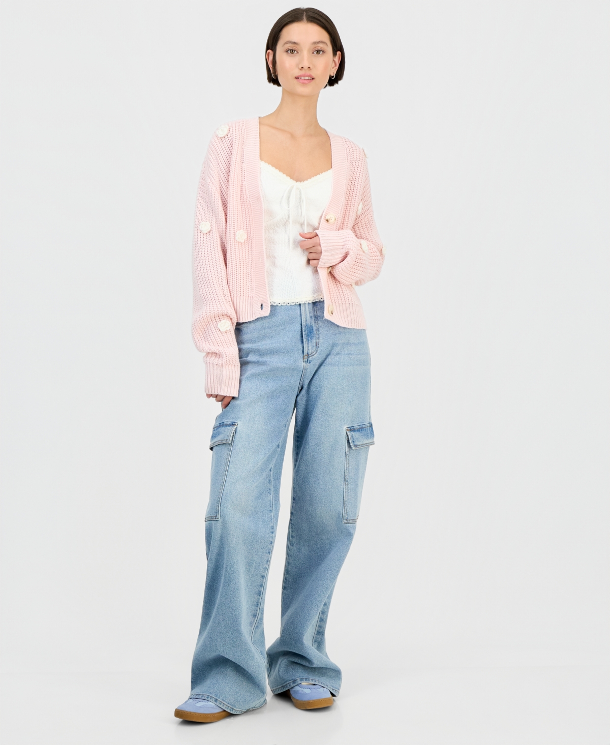 Ultra Flirt Juniors' Novelty Floral Three-Button Cardigan Sweater