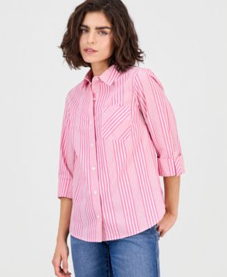 Nautica Jeans - Women's Stripe Button-Front Roll-Tab-Sleeve Cotton Shirt