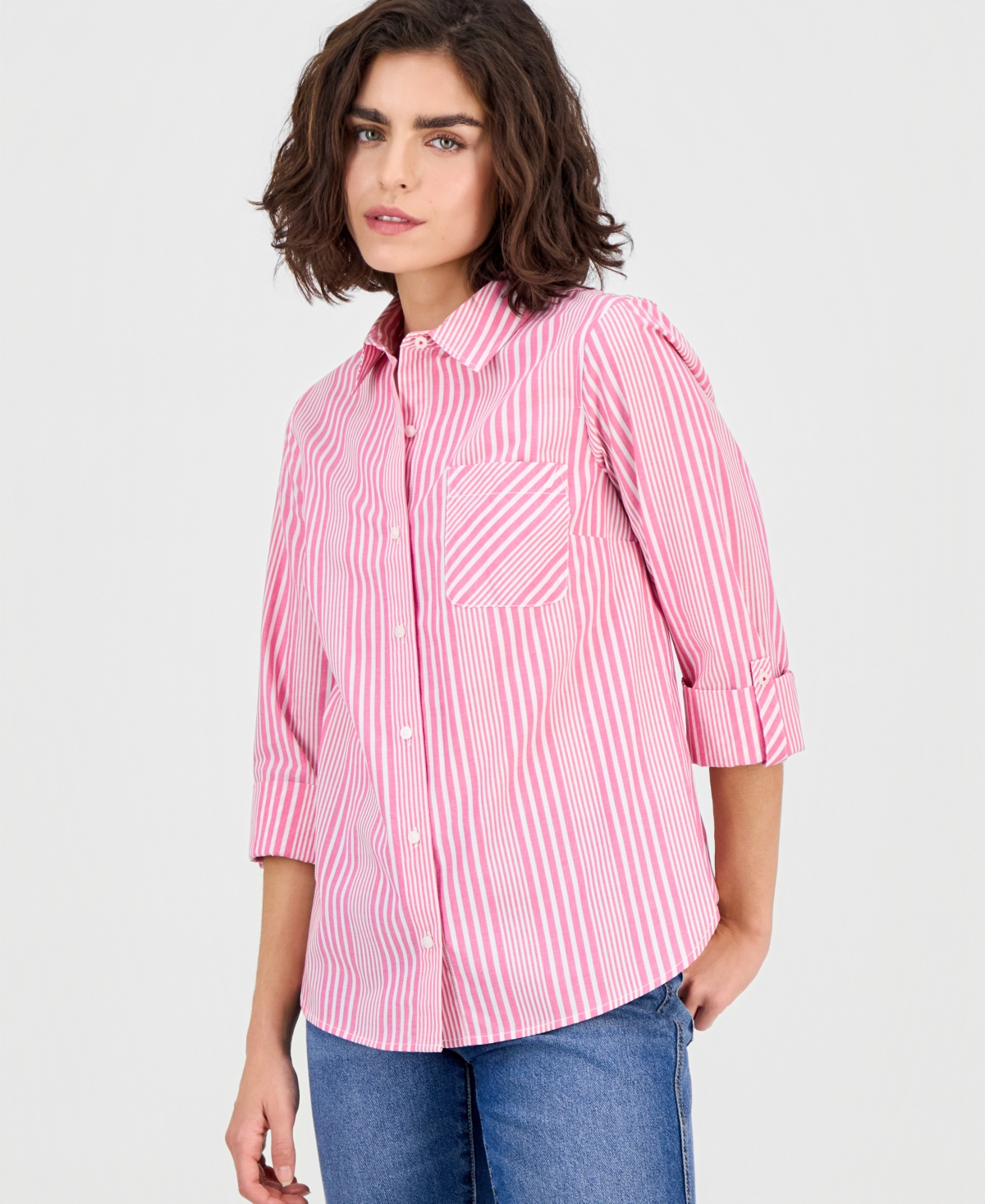 Nautica Jeans Women's Stripe Button-Front Roll-Tab-Sleeve Cotton Shirt