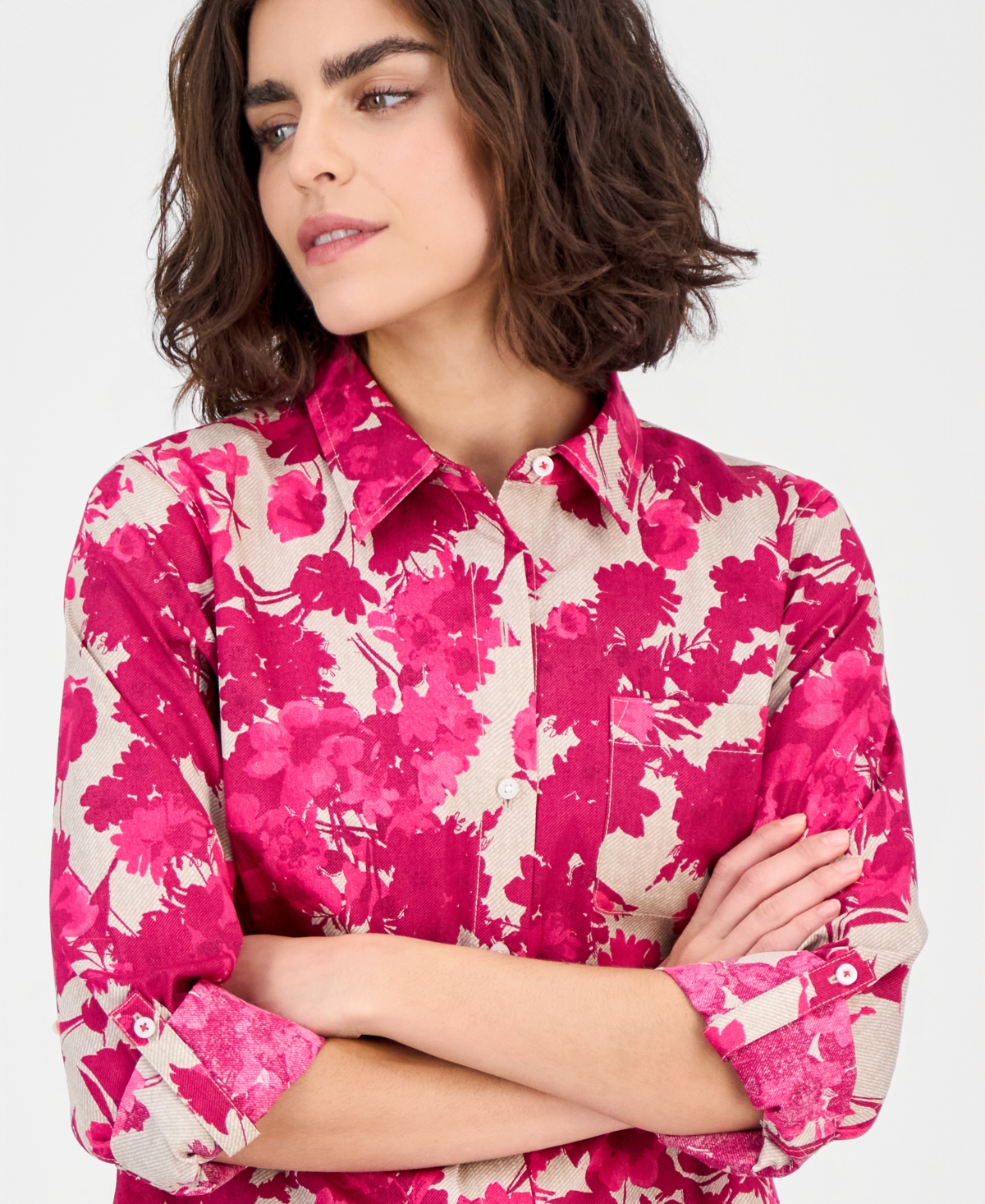 Nautica Jeans Women's Festival Floral Roll-Tab Cotton Shirt