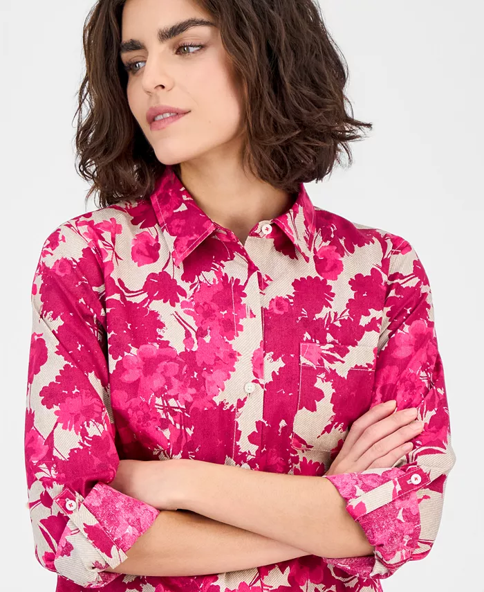 Nautica Women's Festival Floral Roll-Tab Cotton Shirt - thumbnail 3