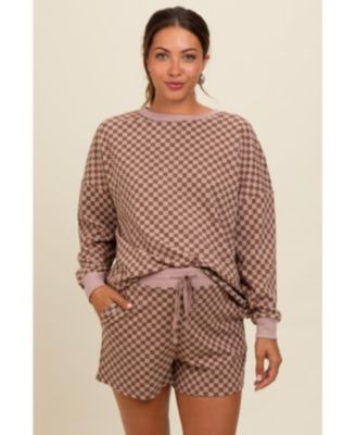 Maternity Mocha Checkered Plaid Pullover Shorts Set