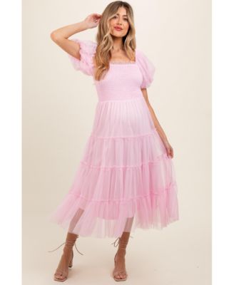 Maternity Light Pink Smocked Tiered Tulle Midi Dress