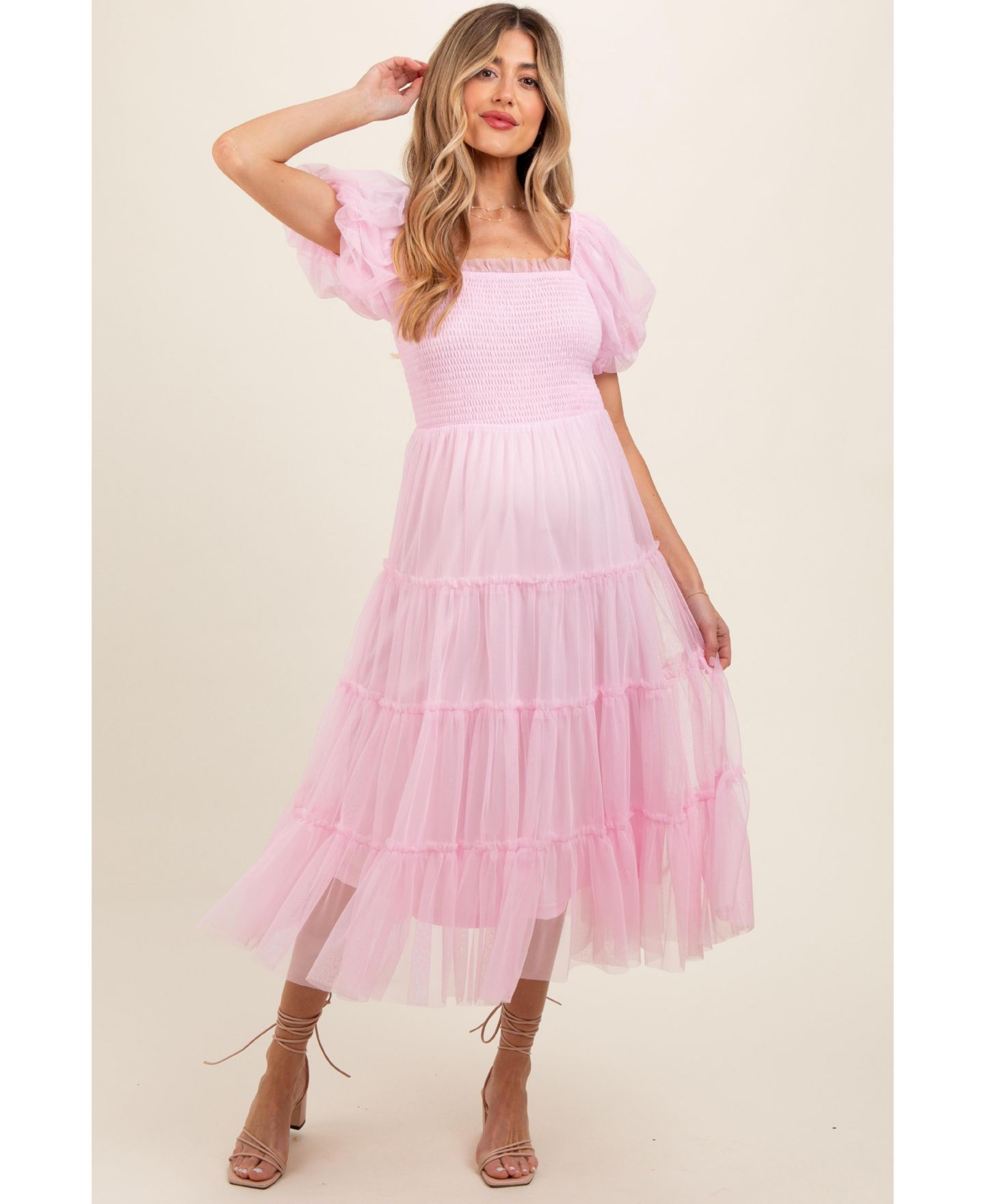 Женское платье Pinkblush Light Pink Smocked Tiered Tulle Midi, цвет: Светлый розовый — фото 2