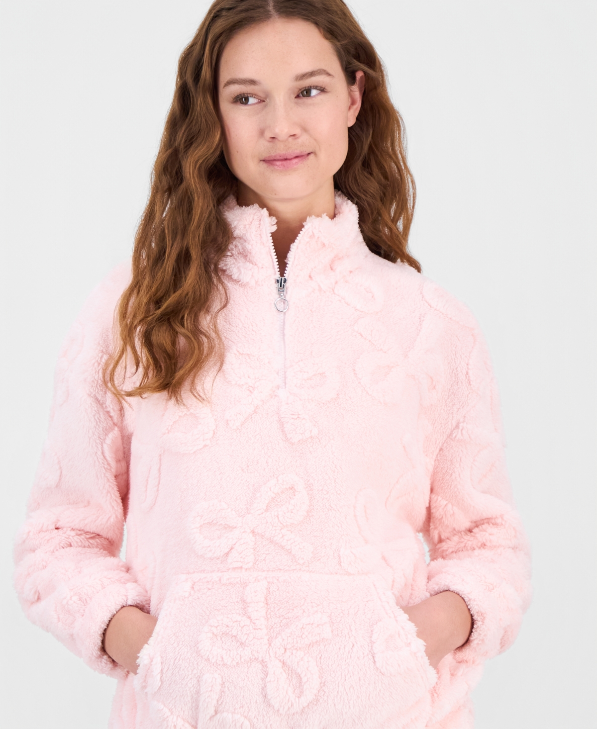 Rebellious One Juniors' Embossed Sherpa Quarter-zip Sweatshirt In Pink
