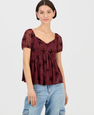 Self Esteem - Juniors' Short-Sleeve Flocked Babydoll Top