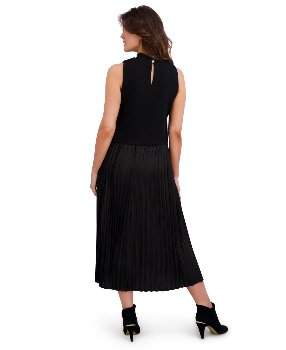 London Times Petite Pleated Knit Mock Neck Midi Dress