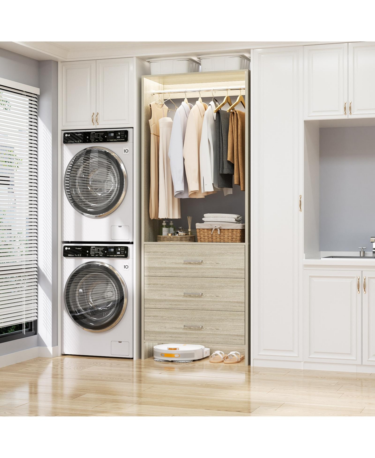 24" Freestanding Closet Organizer System with Hanging Rods and Drawers