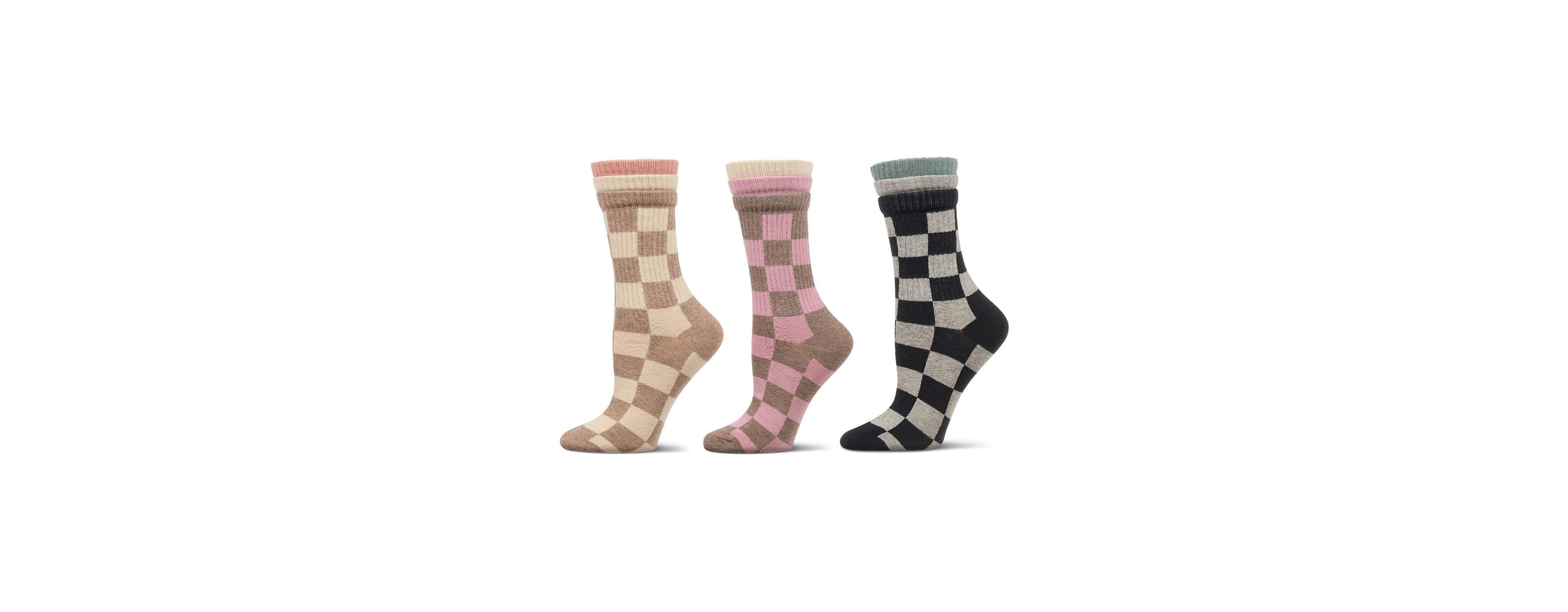 MeMoi Women's 3 Pair Pack Checkmate Triple Cuff Crew Socks
