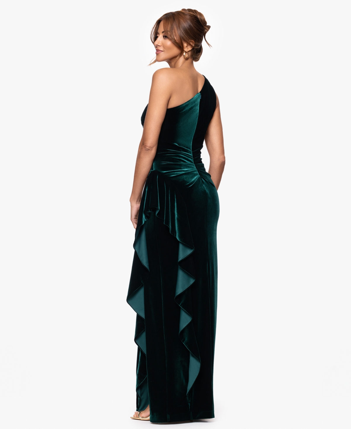 Xscape Petite Long Velvet Off-the-shoulder Dress In Green
