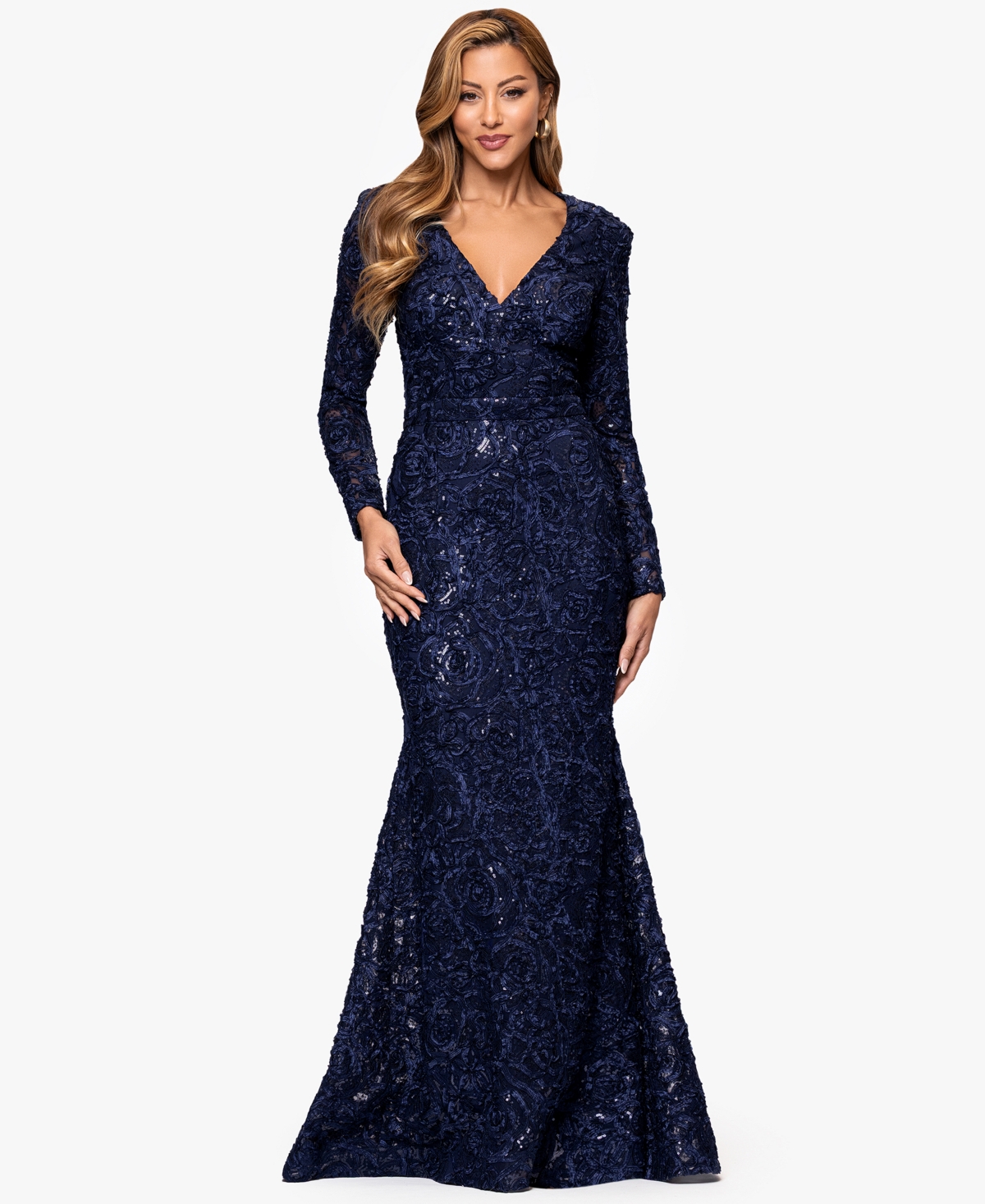 Xscape Petite Long Sleeve V-neck Lace Dress In Blue