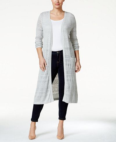 Belldini Plus Size Pointelle-Knit Long Cardigan Duster - Sweaters ...