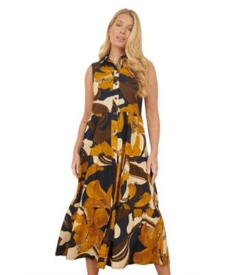 Women's Cotton Leaf Midi Sleeveless Shirt Dress