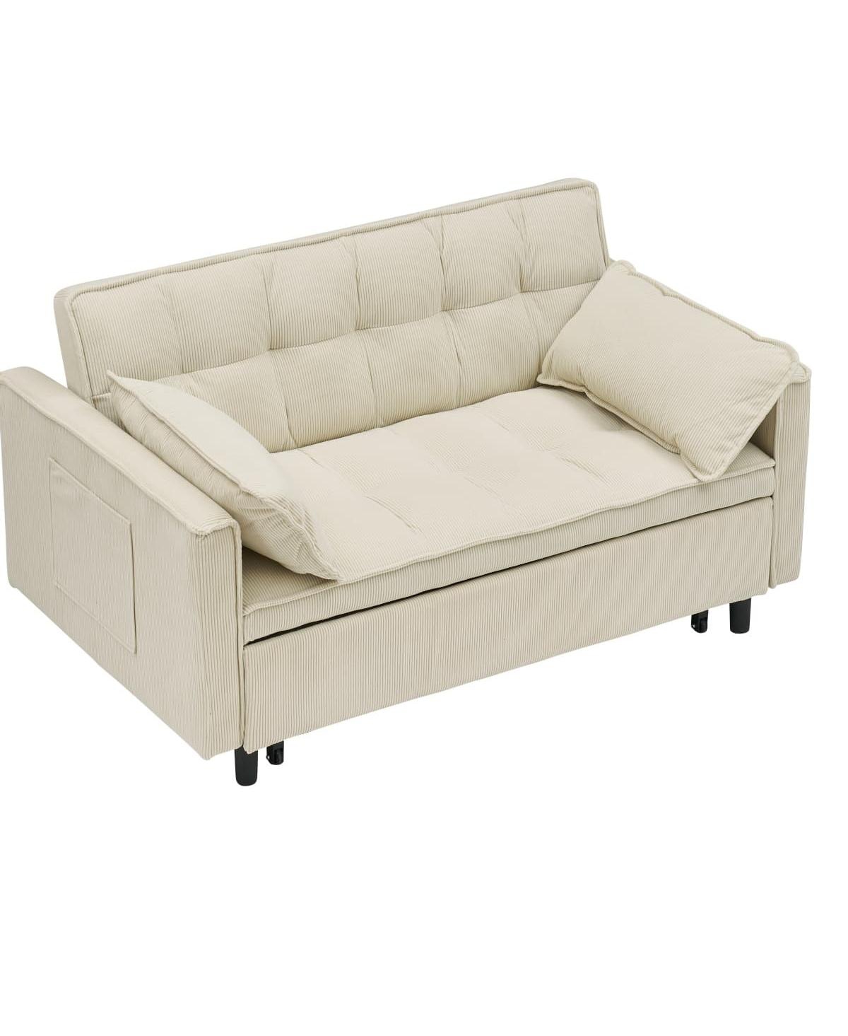 Maison Boucle Corduroy Loveseat Sofa Bed with Adjustable Backrest, Pull-Out Tufted Sleeper Couch for Small Spaces, Dorms, Apartments-Maison